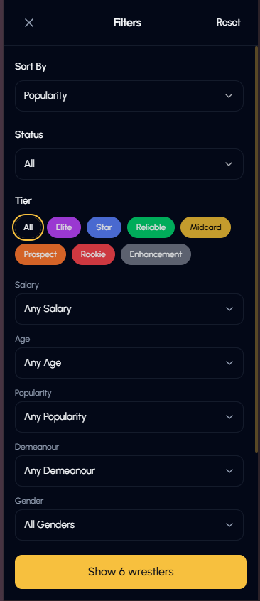 Updated roster and free agent filters in Wrestling GM 2026 Beta 1.0.9