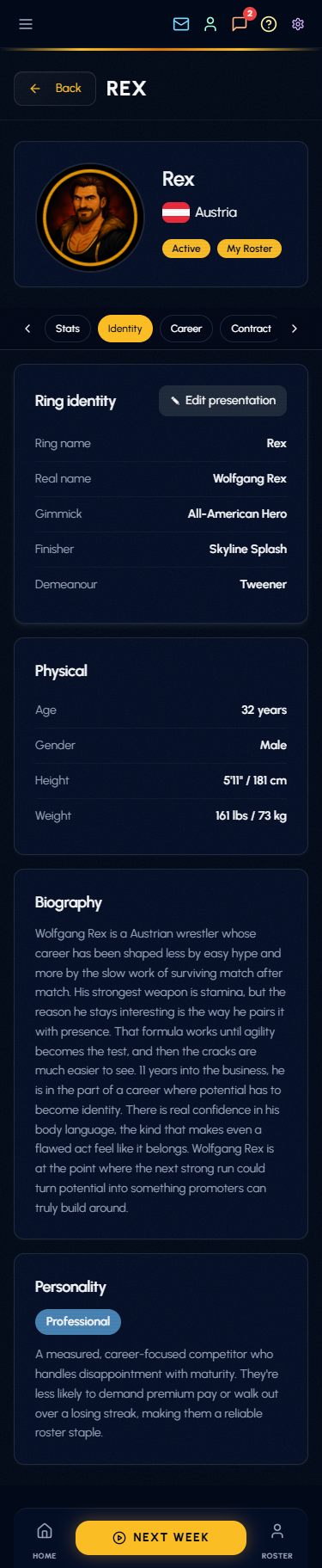 Wrestler Profile Identity tab showing editable ring name, gimmick, finisher and demeanour