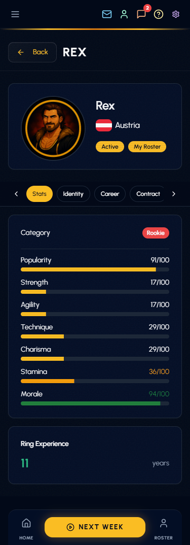 Wrestler Profile Stats tab with category, popularity and skill bars